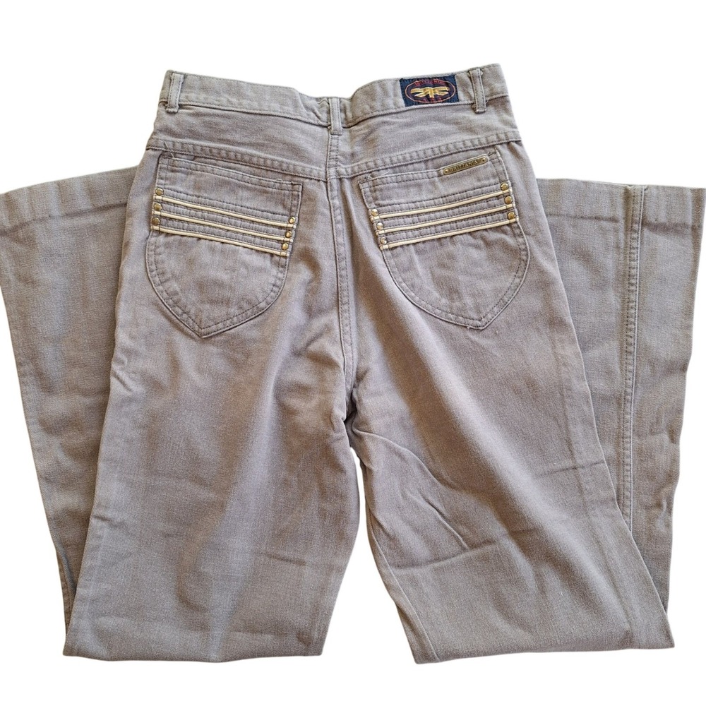 Brittania 70s Vintage High Rise Gray Flare Twill Pants Jeans Piping Studded 11